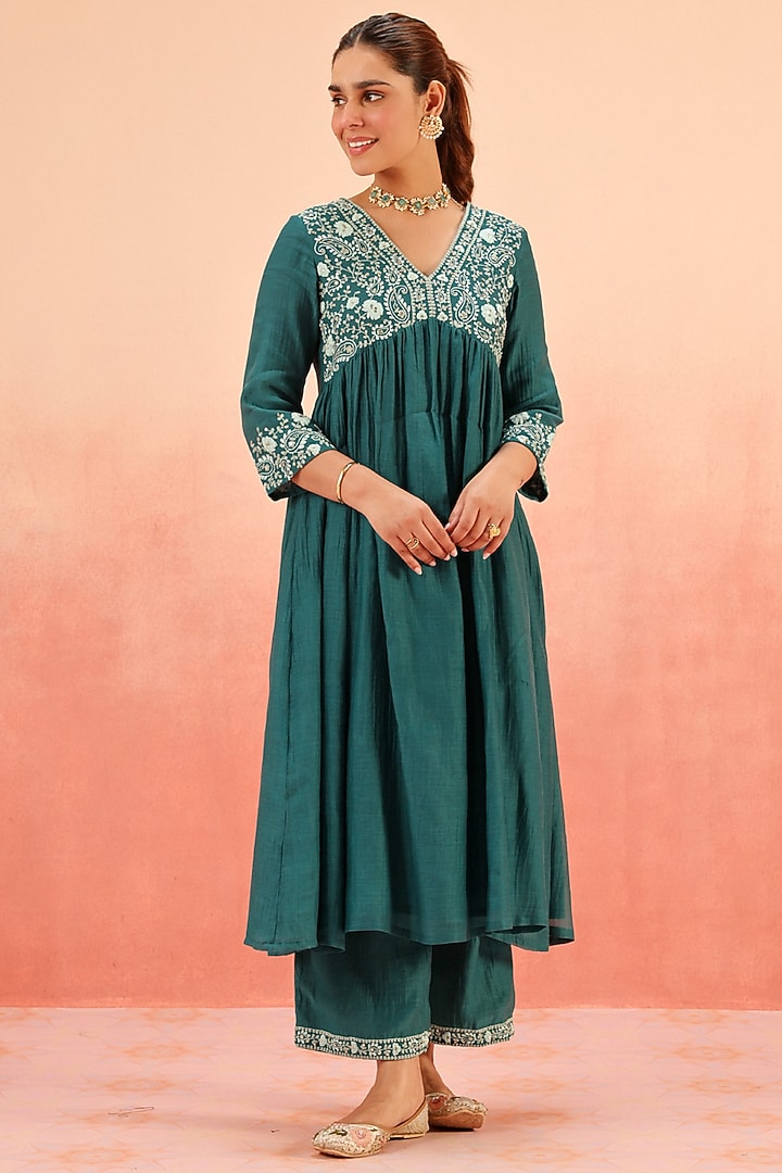 Teal Cotton Silk Dori Embroidered Party Wear Anarkali Set by DOHR INDIA at Pernia's Pop Up Shop