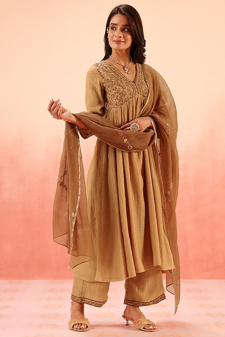 Brown Cotton Silk Dori Embroidered Party Wear Anarkali Set by DOHR INDIA at Pernia's Pop Up Shop