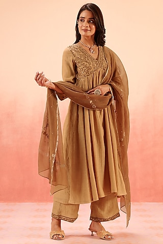 Brown Cotton Silk Dori Embroidered Anarkali Set by DOHR INDIA