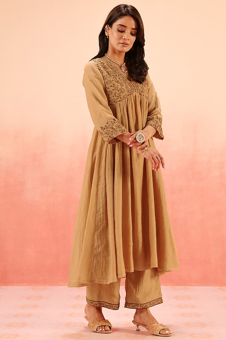 Brown Cotton Silk Dori Embroidered Party Wear Anarkali Set by DOHR INDIA at Pernia's Pop Up Shop