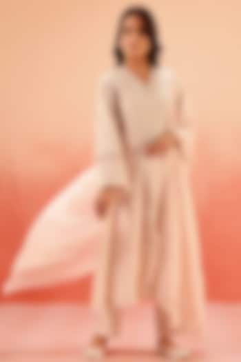 Pink Cotton Schiffli Lacework A-Line Kurta Set by DOHR INDIA at Pernia's Pop Up Shop