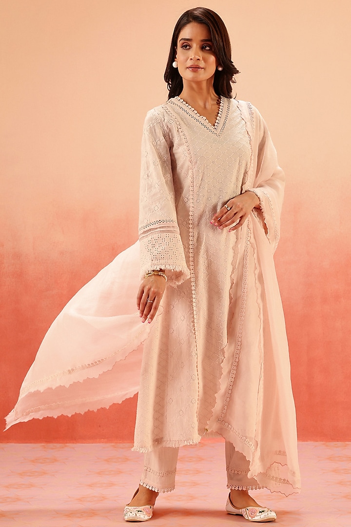 Pink Cotton Schiffli Lacework A-Line Kurta Set by DOHR INDIA at Pernia's Pop Up Shop