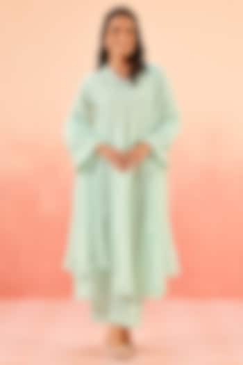 Powder Blue Cotton Schiffli Lacework A-Line Kurta Set by DOHR INDIA at Pernia's Pop Up Shop