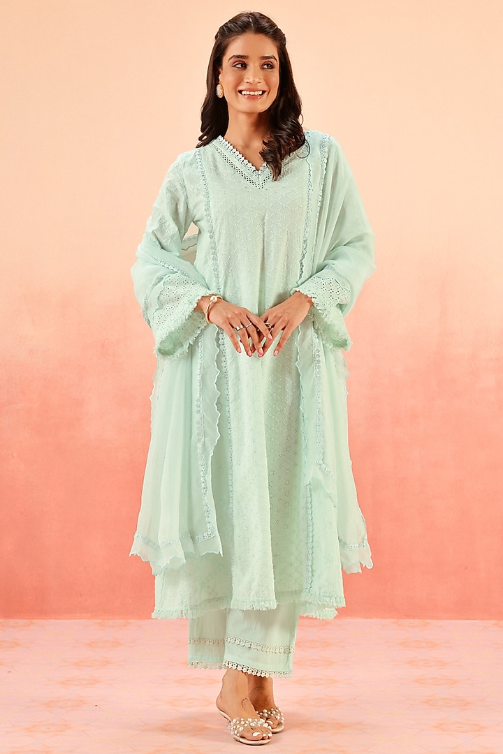 Powder Blue Cotton Schiffli Lacework A-Line Kurta Set by DOHR INDIA at Pernia's Pop Up Shop