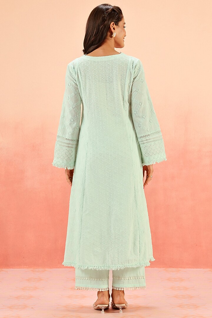 Powder Blue Cotton Schiffli Lacework A-Line Kurta Set by DOHR INDIA at Pernia's Pop Up Shop