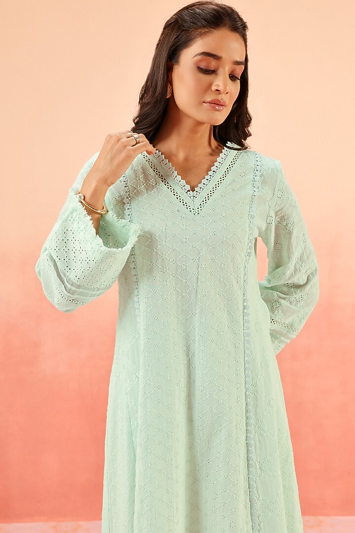 Powder Blue Cotton Schiffli Lacework A-Line Kurta Set by DOHR INDIA at Pernia's Pop Up Shop