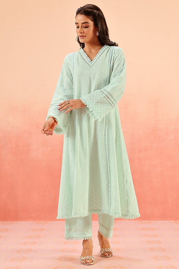 Powder Blue Cotton Schiffli Lacework A-Line Kurta Set by DOHR INDIA at Pernia's Pop Up Shop