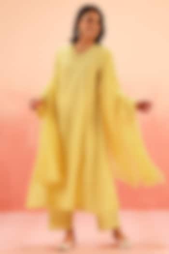 Yellow Cotton Schiffli Lacework A-Line Kurta Set by DOHR INDIA at Pernia's Pop Up Shop