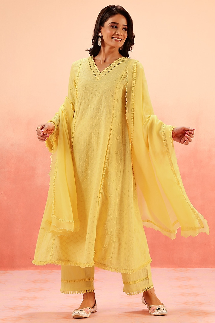 Yellow Cotton Schiffli Lacework A-Line Kurta Set by DOHR INDIA at Pernia's Pop Up Shop