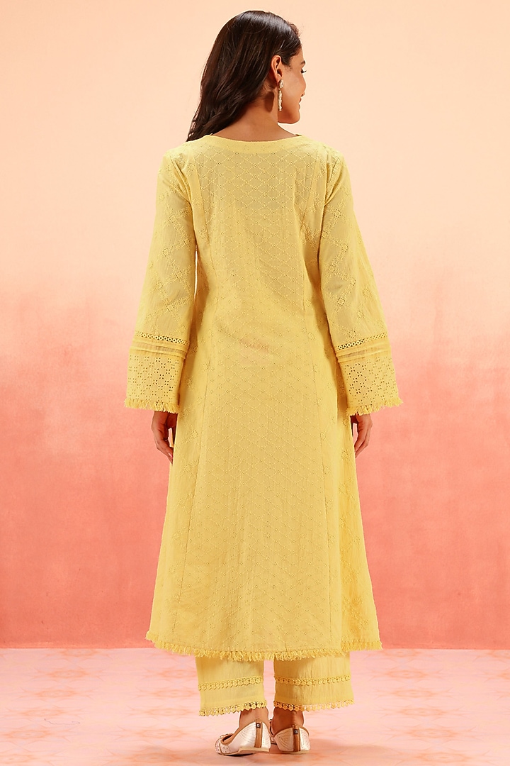 Yellow Cotton Schiffli Lacework A-Line Kurta Set by DOHR INDIA at Pernia's Pop Up Shop