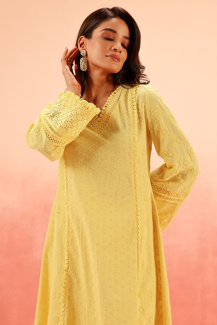 Yellow Cotton Schiffli Lacework A-Line Kurta Set by DOHR INDIA at Pernia's Pop Up Shop