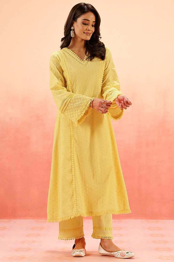 Yellow Cotton Schiffli Lacework A-Line Kurta Set by DOHR INDIA at Pernia's Pop Up Shop