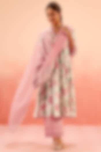 Pink Cotton Dobby Floral Printed A-Line Kurta Set by DOHR INDIA at Pernia's Pop Up Shop