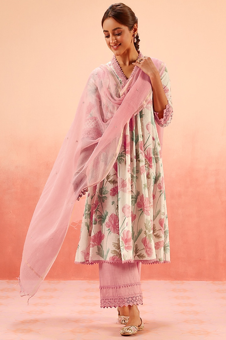 Pink Cotton Dobby Floral Printed A-Line Kurta Set by DOHR INDIA at Pernia's Pop Up Shop