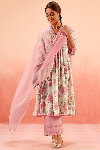 Pink Cotton Dobby Floral Printed A-Line Kurta Set by DOHR INDIA