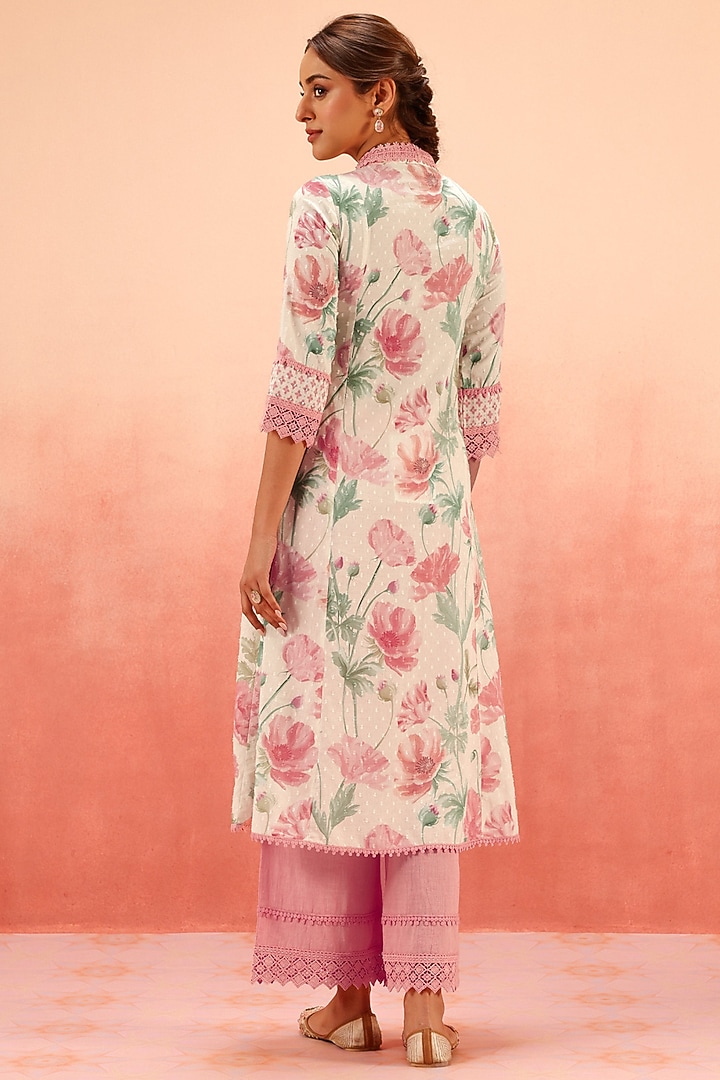 Pink Cotton Dobby Floral Printed A-Line Kurta Set by DOHR INDIA at Pernia's Pop Up Shop