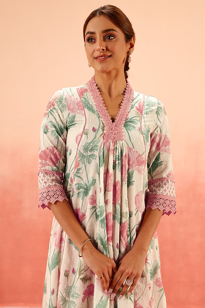 Pink Cotton Dobby Floral Printed A-Line Kurta Set by DOHR INDIA at Pernia's Pop Up Shop