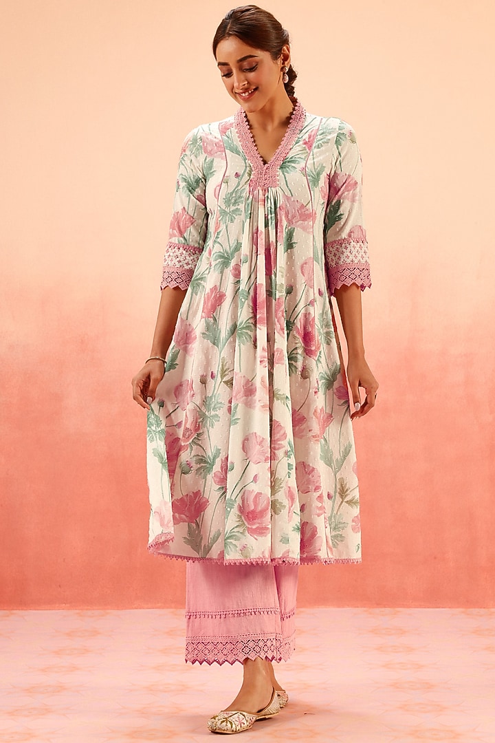 Pink Cotton Dobby Floral Printed A-Line Kurta Set by DOHR INDIA at Pernia's Pop Up Shop