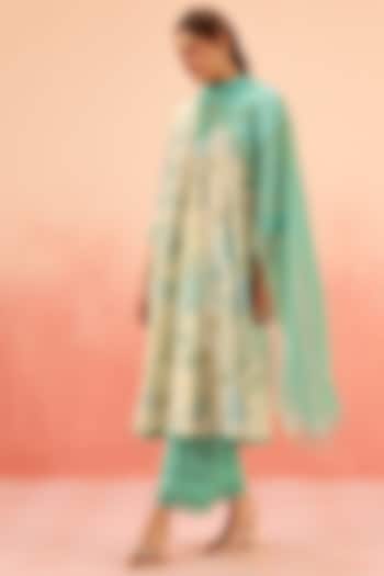 Green Cotton Dobby Floral Printed A-Line Kurta Set by DOHR INDIA at Pernia's Pop Up Shop