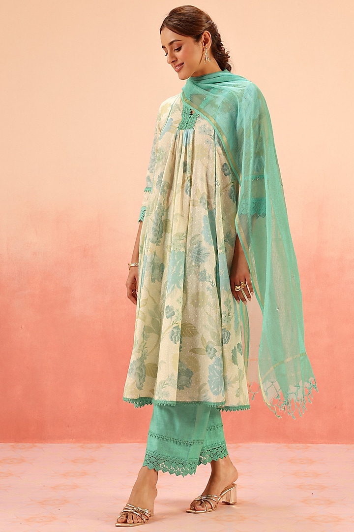 Green Cotton Dobby Floral Printed A-Line Kurta Set by DOHR INDIA at Pernia's Pop Up Shop