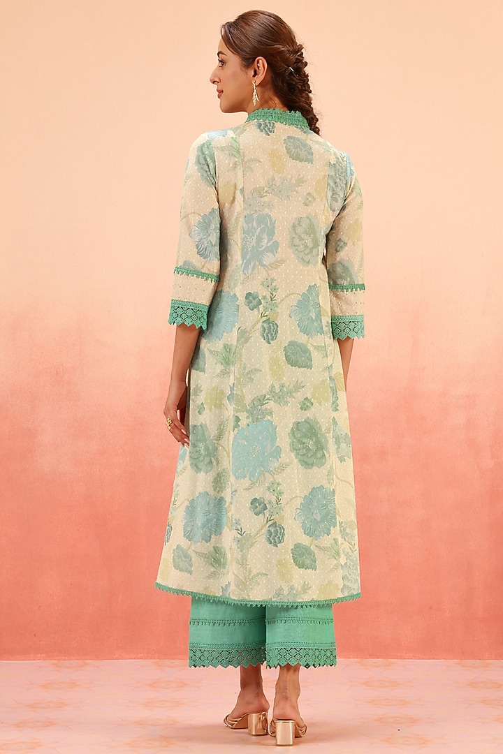Green Cotton Dobby Floral Printed A-Line Kurta Set by DOHR INDIA at Pernia's Pop Up Shop