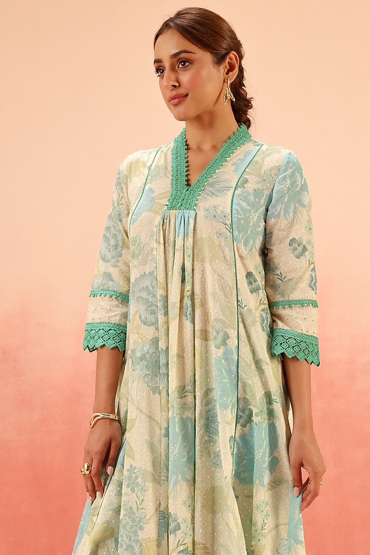 Green Cotton Dobby Floral Printed A-Line Kurta Set by DOHR INDIA at Pernia's Pop Up Shop