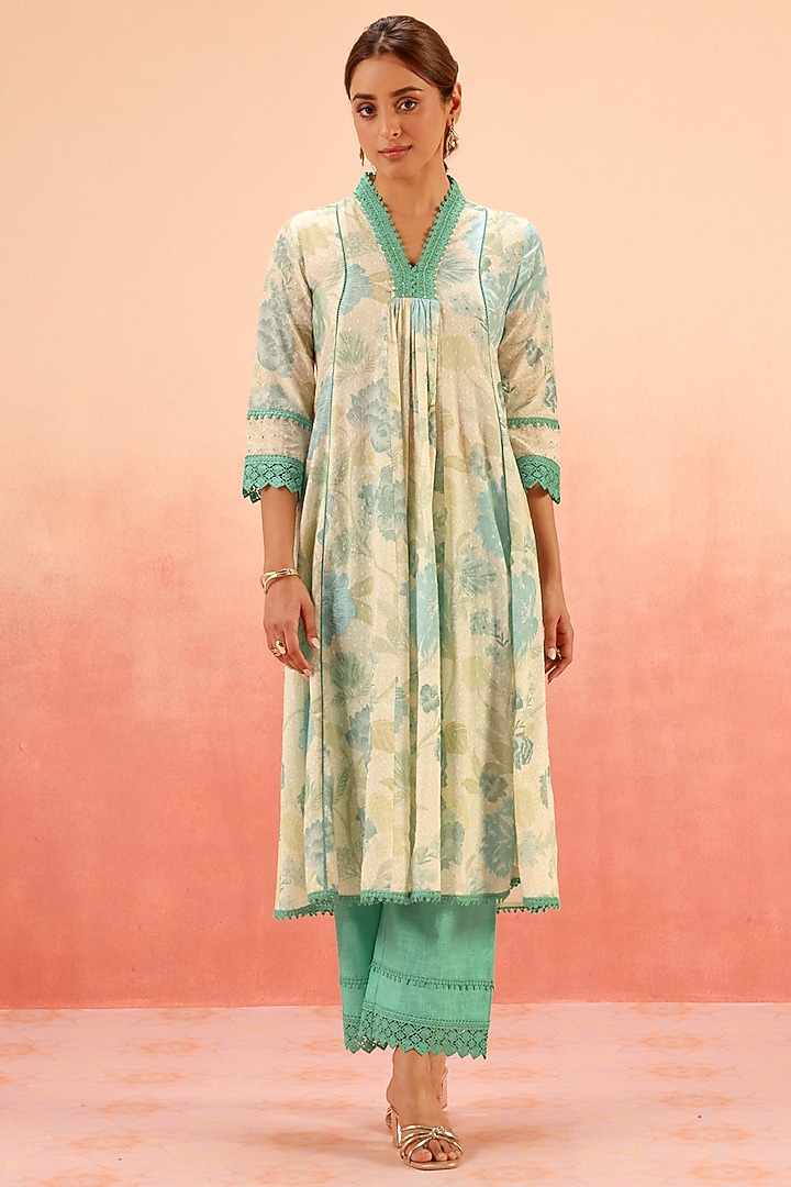 Green Cotton Dobby Floral Printed A-Line Kurta Set by DOHR INDIA at Pernia's Pop Up Shop