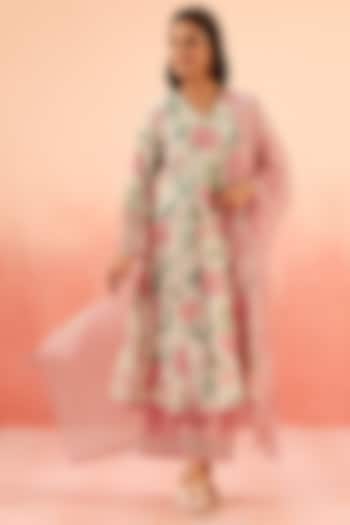Pink Cotton Dobby Floral Printed A-Line Kurta Set by DOHR INDIA at Pernia's Pop Up Shop