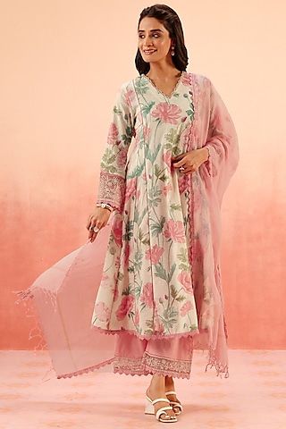 Pink Cotton Dobby Floral Printed A-Line Kurta Set by DOHR INDIA