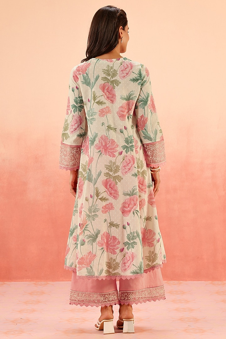 Pink Cotton Dobby Floral Printed A-Line Kurta Set by DOHR INDIA at Pernia's Pop Up Shop