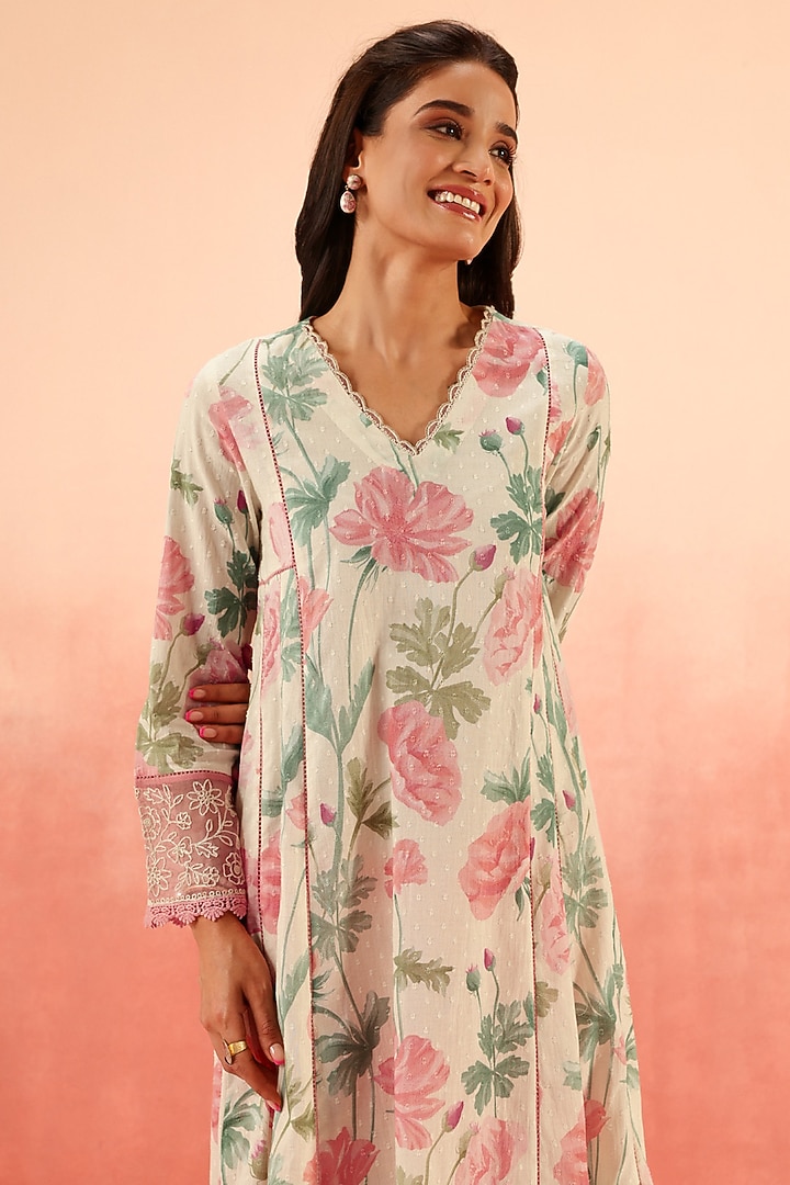 Pink Cotton Dobby Floral Printed A-Line Kurta Set by DOHR INDIA at Pernia's Pop Up Shop