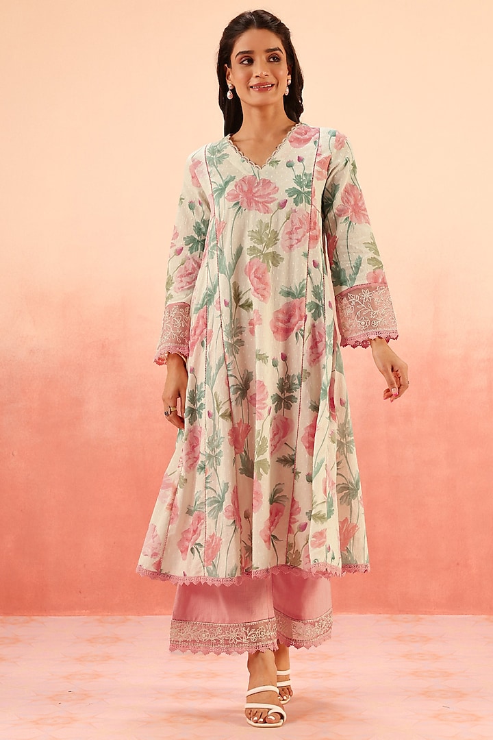 Pink Cotton Dobby Floral Printed A-Line Kurta Set by DOHR INDIA at Pernia's Pop Up Shop