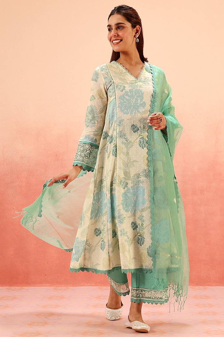 Green Cotton Dobby Floral Printed & Hand Embroidered A-Line Kurta Set by DOHR INDIA at Pernia's Pop Up Shop