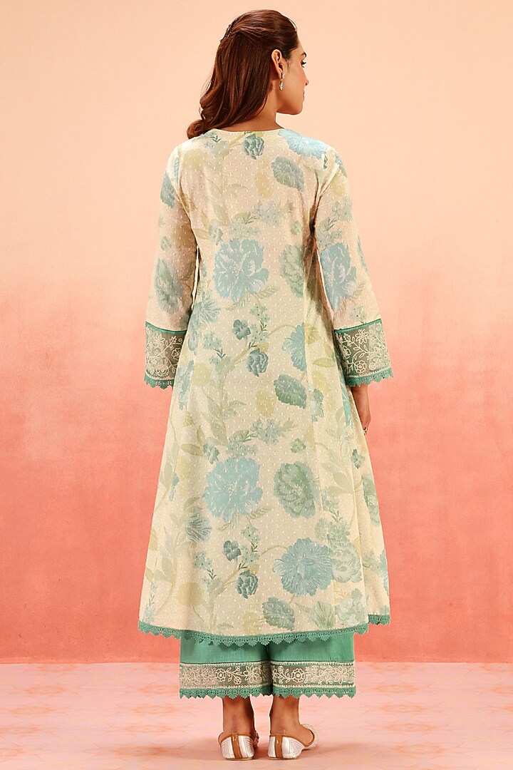 Green Cotton Dobby Floral Printed & Hand Embroidered A-Line Kurta Set by DOHR INDIA at Pernia's Pop Up Shop