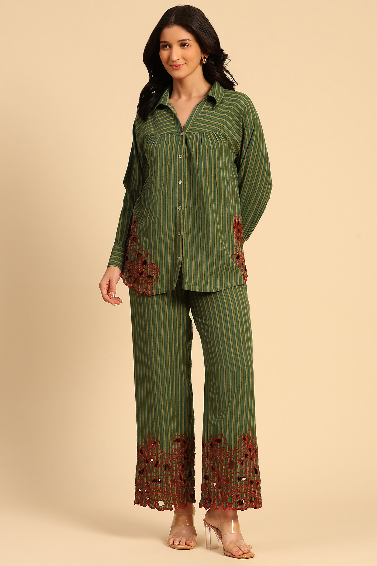 DOHR INDIA Green Cotton Slub Striped Co-Ord Set