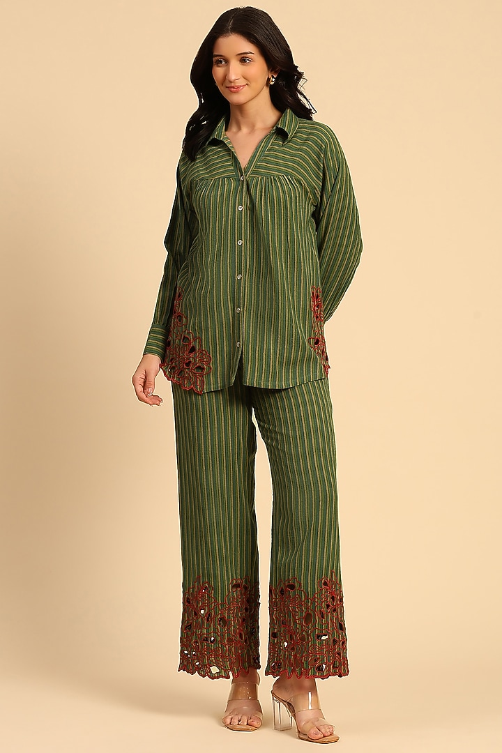 Green Cotton Slub Striped Co-Ord Set by DOHR INDIA at Pernia's Pop Up Shop