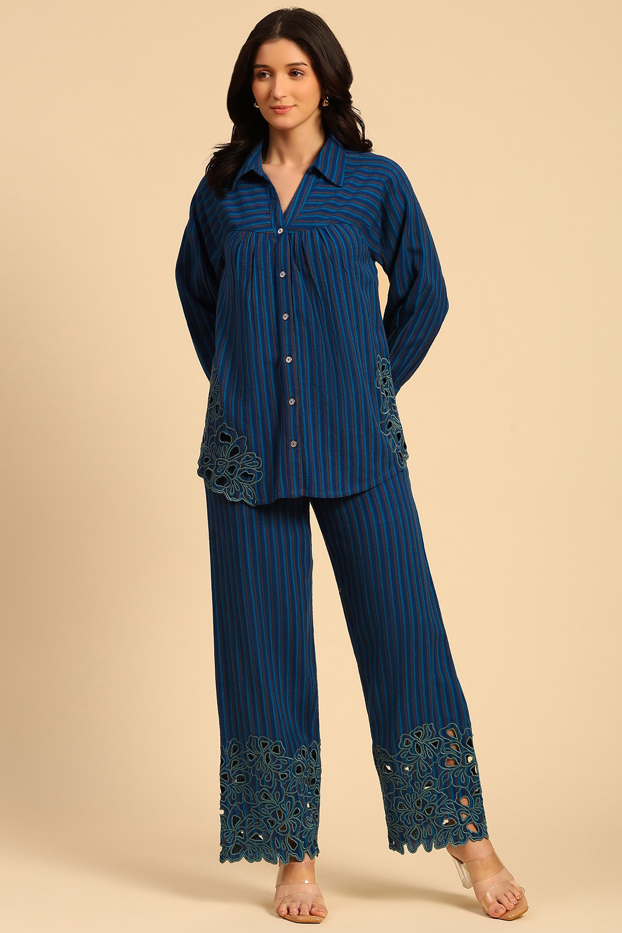 DOHR INDIA Blue Cotton Slub Striped Co-Ord Set