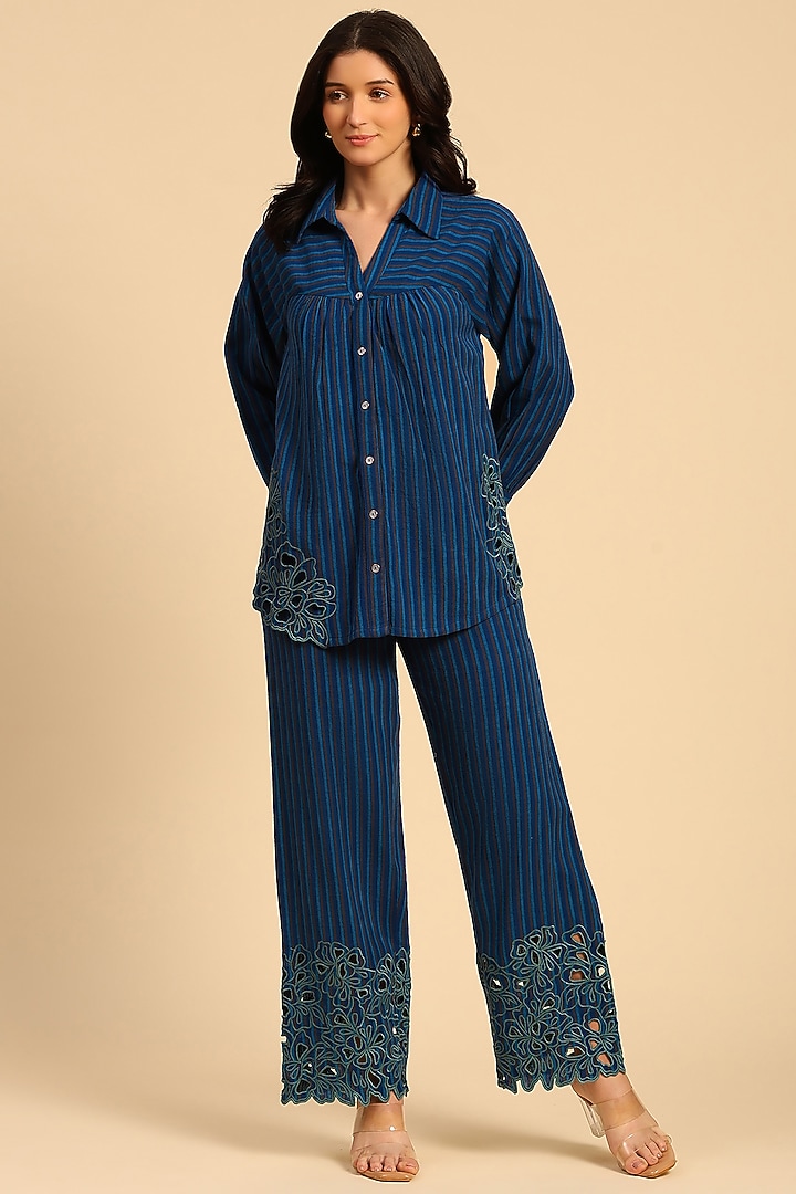 Blue Cotton Slub Striped Co-Ord Set by DOHR INDIA at Pernia's Pop Up Shop