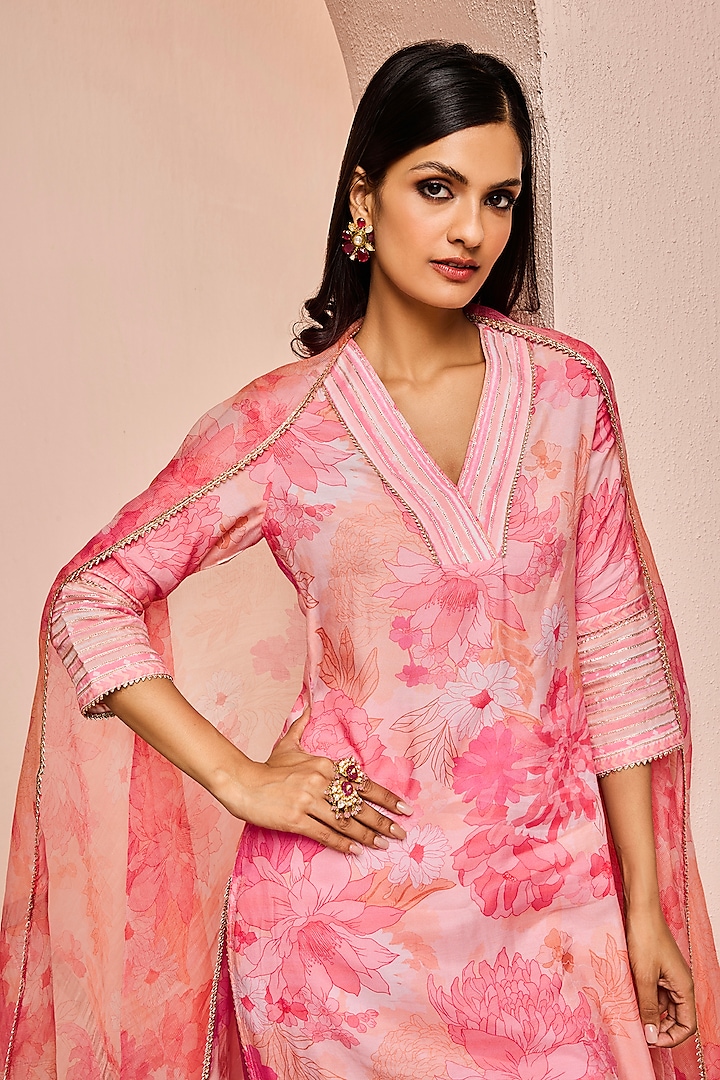 Pink Modal Viscose Floral Printed & Embroidered Kurta Set by DOHR INDIA at Pernia's Pop Up Shop