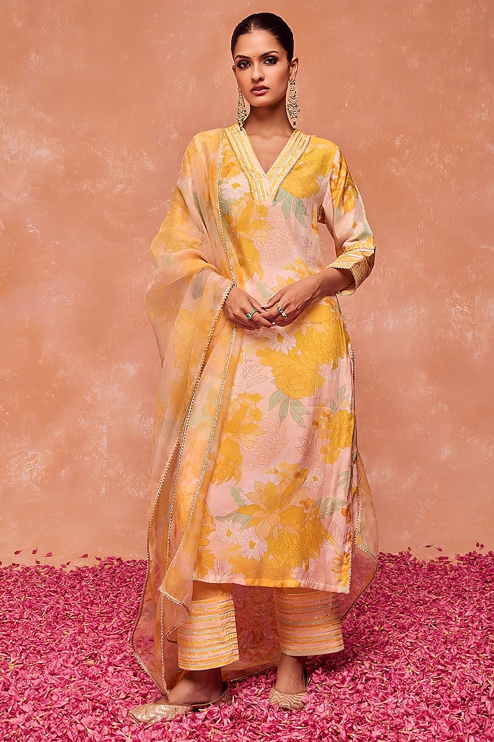 Yellow Modal Viscose Floral Printed & Embroidered Kurta Set by DOHR INDIA at Pernia's Pop Up Shop