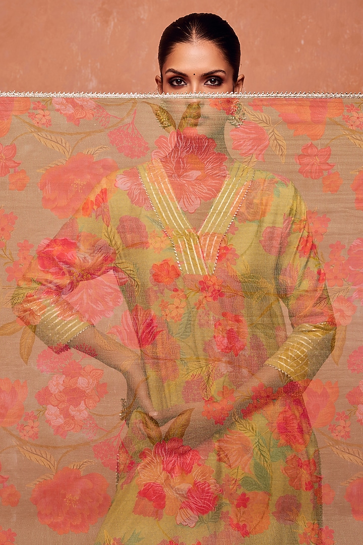 Green Modal Viscose Floral Printed & Embroidered Kurta Set by DOHR INDIA at Pernia's Pop Up Shop