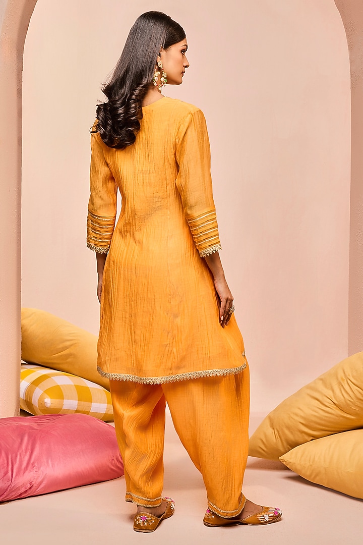 Orange Cotton Silk Chanderi Gota Embroidered A-Line Kurta Set by DOHR INDIA at Pernia's Pop Up Shop