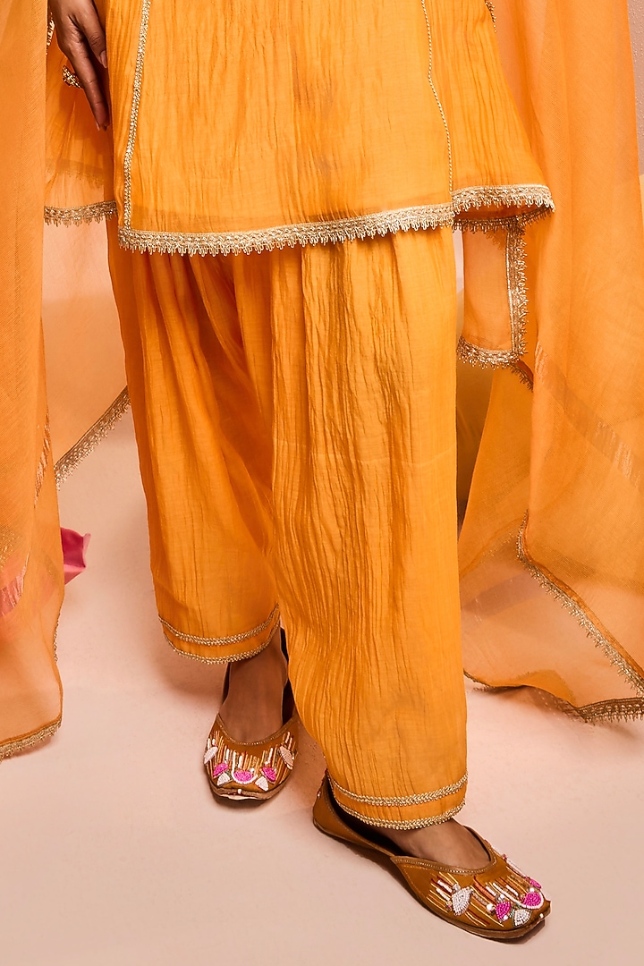 Orange Cotton Silk Chanderi Gota Embroidered A-Line Kurta Set by DOHR INDIA at Pernia's Pop Up Shop