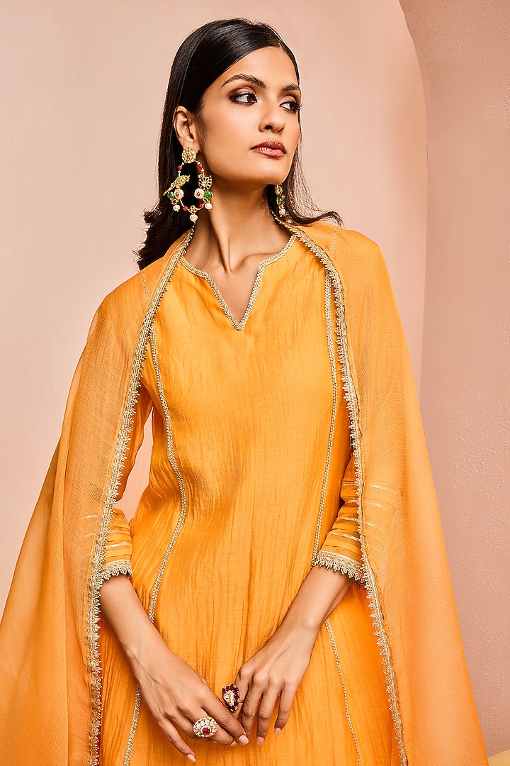 Orange Cotton Silk Chanderi Gota Embroidered A-Line Kurta Set by DOHR INDIA at Pernia's Pop Up Shop