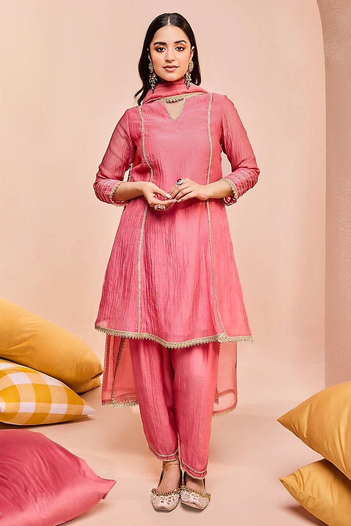 Pink Cotton Silk Chanderi Gota Embroidered A-Line Kurta Set by DOHR INDIA at Pernia's Pop Up Shop