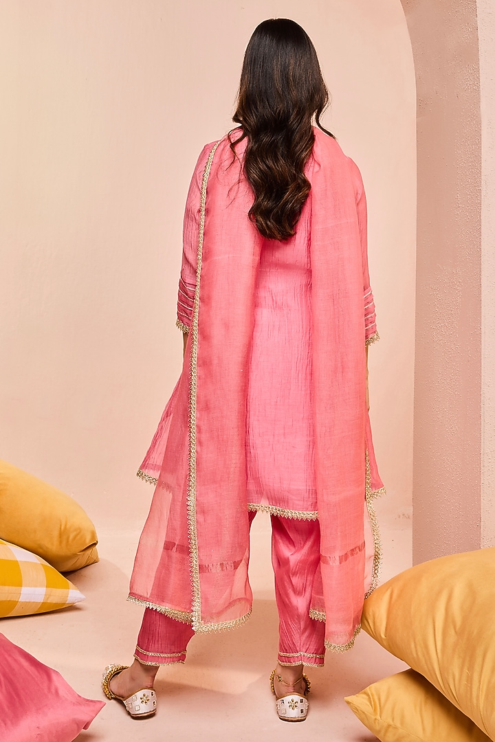 Pink Cotton Silk Chanderi Gota Embroidered A-Line Kurta Set by DOHR INDIA at Pernia's Pop Up Shop
