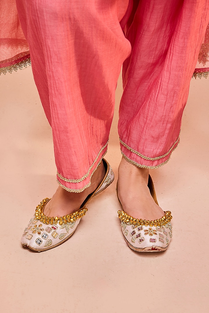 Pink Cotton Silk Chanderi Gota Embroidered A-Line Kurta Set by DOHR INDIA at Pernia's Pop Up Shop
