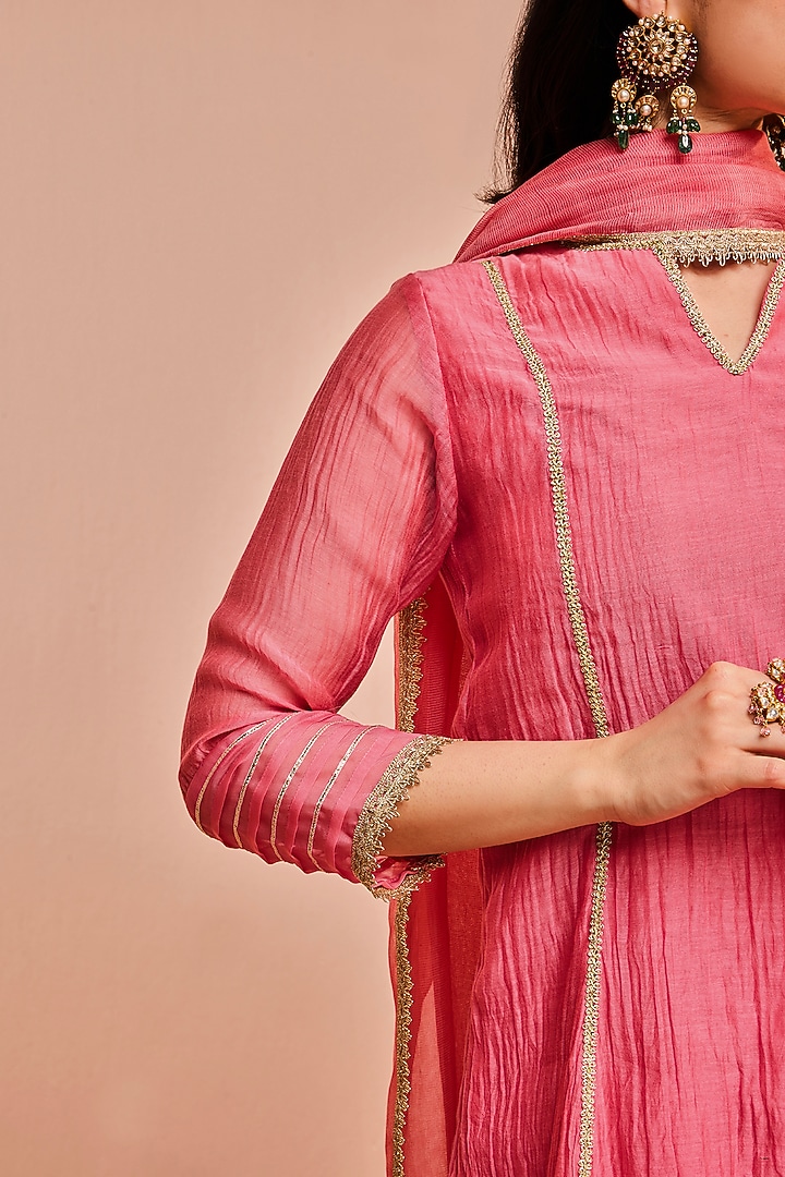 Pink Cotton Silk Chanderi Gota Embroidered A-Line Kurta Set by DOHR INDIA at Pernia's Pop Up Shop