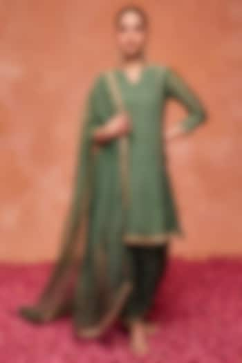 Green Cotton Silk Chanderi Gota Embroidered A-Line Kurta Set by DOHR INDIA at Pernia's Pop Up Shop