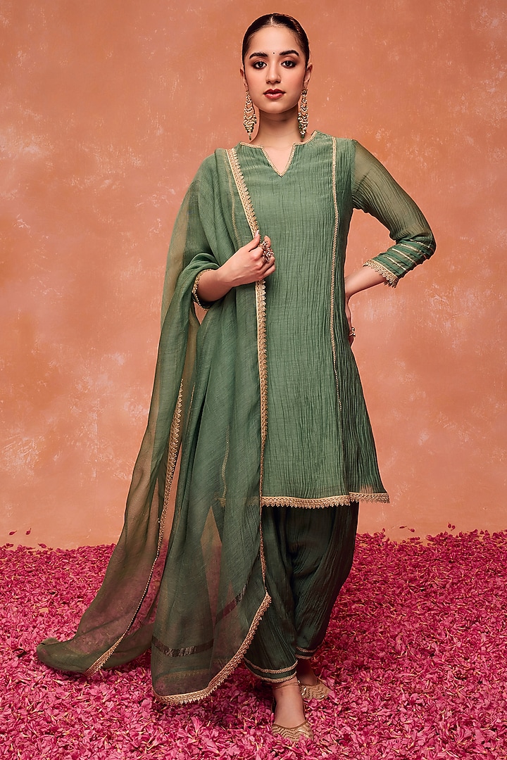 Green Cotton Silk Chanderi Gota Embroidered A-Line Kurta Set by DOHR INDIA at Pernia's Pop Up Shop